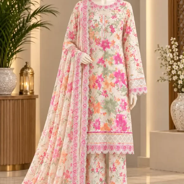 Floral Printed 3-Piece Embroidered Suit