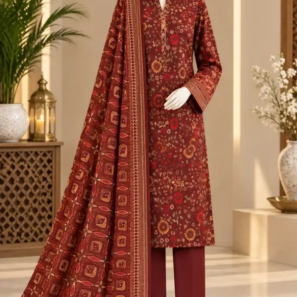 Maroon Floral Printed 3 Piece Suit